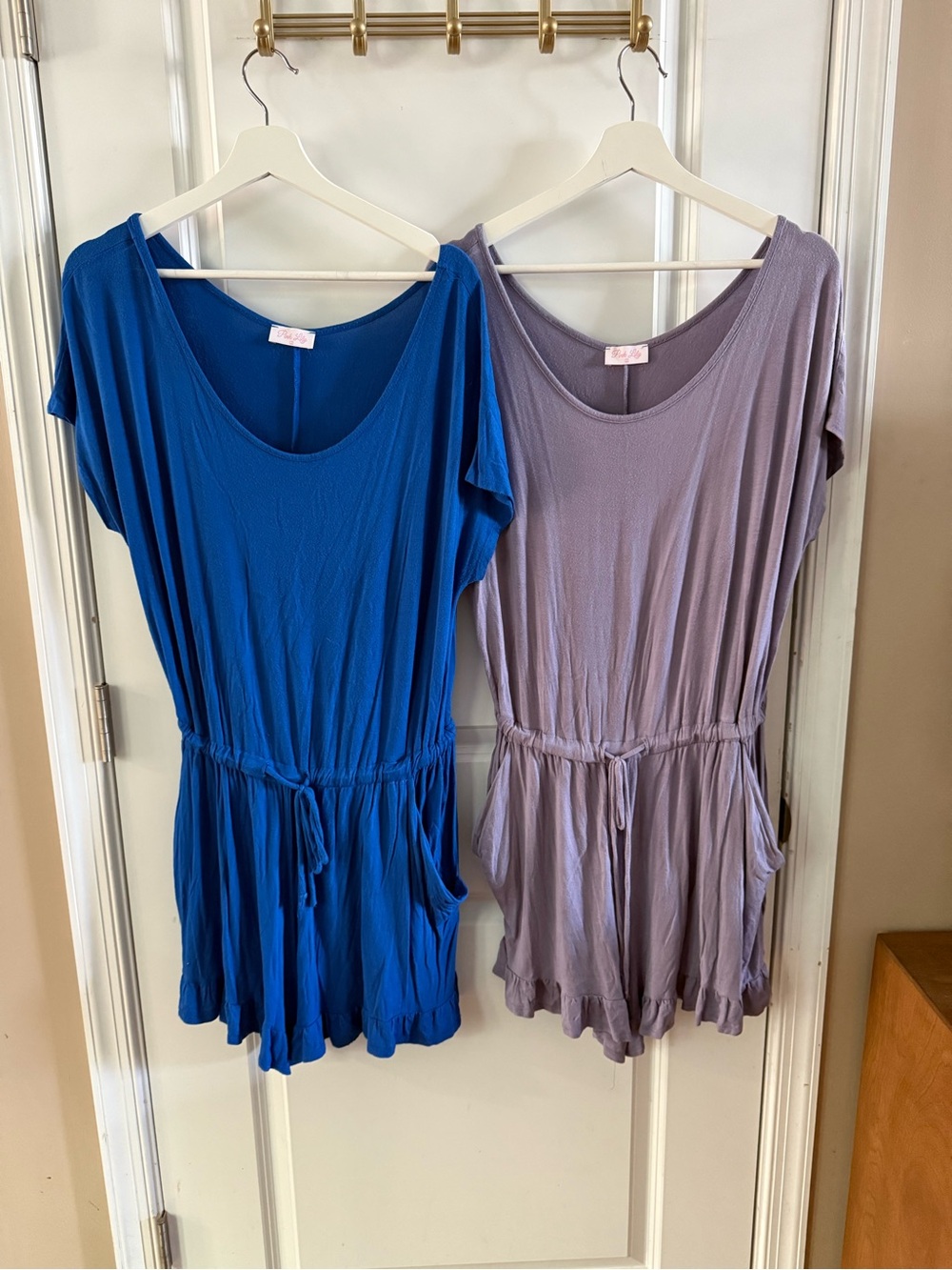 2 Pink Lily Scoop-Neck Rompers in Royal Blue and Lavender